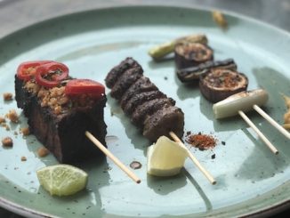 Mixed Grill - your choice of three skewers.  Pictured from left to right - Pork Belly, Chicken Hearts, Leek & Aubergine